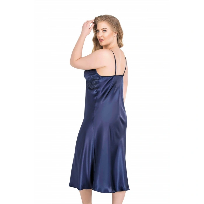 Büyük Beden Lacivert Uzun İkili Saten Sabahlık Gecelik Takımı