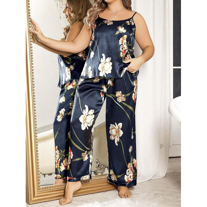 Büyük Beden Mavi Üstüne Çiçek Desenli İnce Askılı 2li Saten Pijama Takımı
