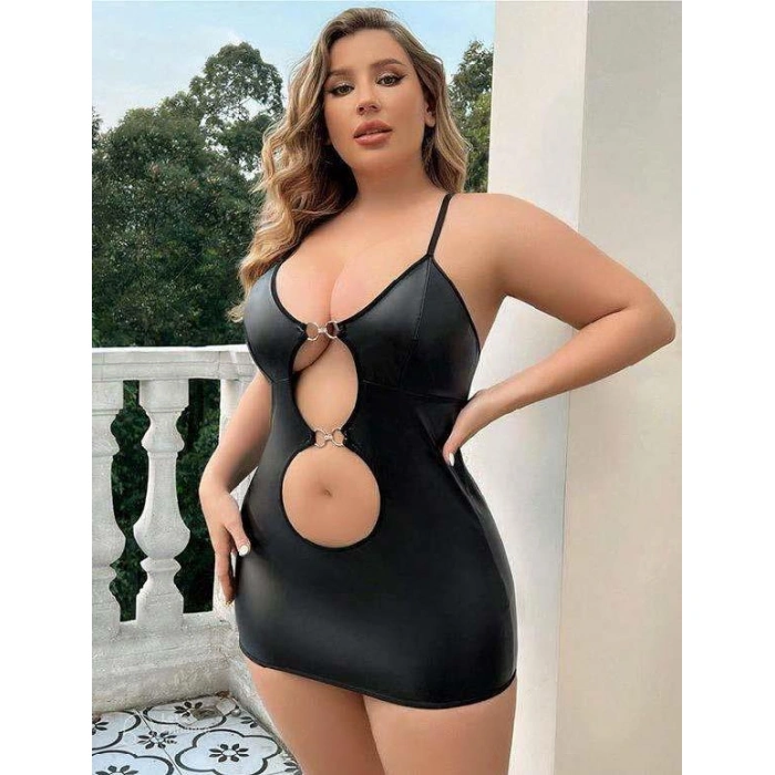 Büyük Beden Siyah Deri Metal Aksesuarlı Fantezi Elbise