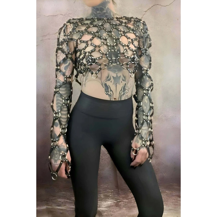 Çapraz Tasarım Uzun Kollu Deri Crop Bağlamalı Büstiyer Harness- Brf1076