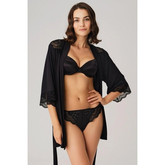 Dantelli Sabahlık Balenli Destekli Dolgulu Taşlı Sütyen Ve String 3lü Takım