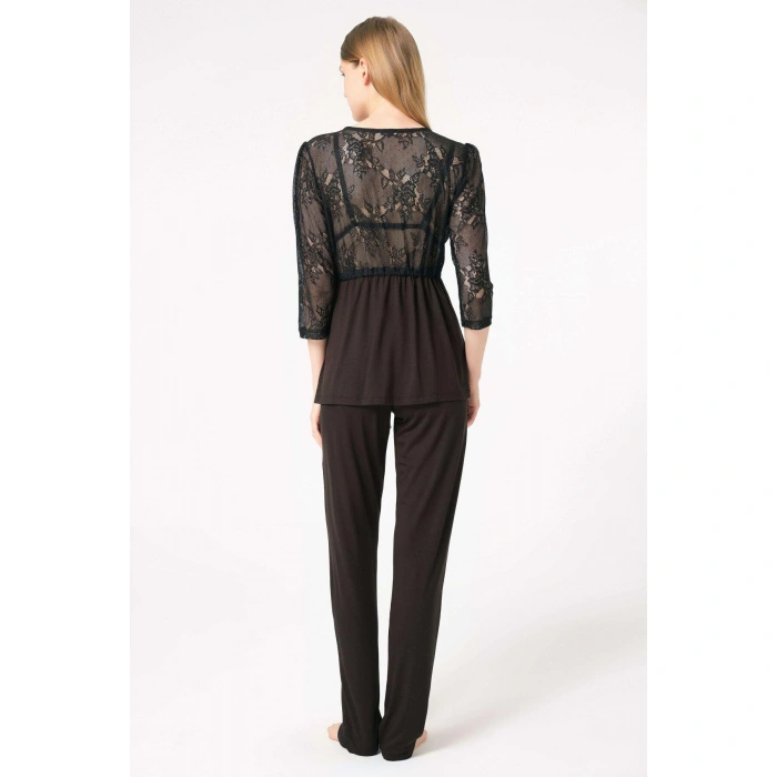 Dantelli Sabahlık Balensiz Desteksiz Dolgusuz Yaka Detaylı Sütyen Ve Pantolon Pijama 3lü Takım
