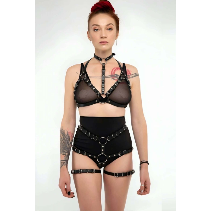 Deri Fantezi Giyim, Seksi Deri İç Giyim, Şık Deri Harness Takım - Brf874