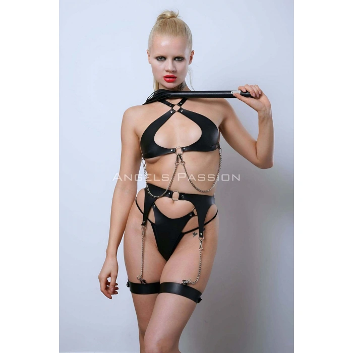 Deri Jartiyer Harness Takım, Deri Sütyen Takım, Kırbaçlı Deri Fantezi Giyim - Brf1363