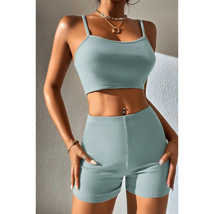 Kadın Açık Mavi Şortlu Kaşkorse Gecelik Takım