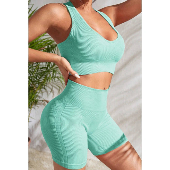 Kadın Açık Mavi Yüksek Bel Çapraz Sırt Detaylı Şortlu Gecelik Takım