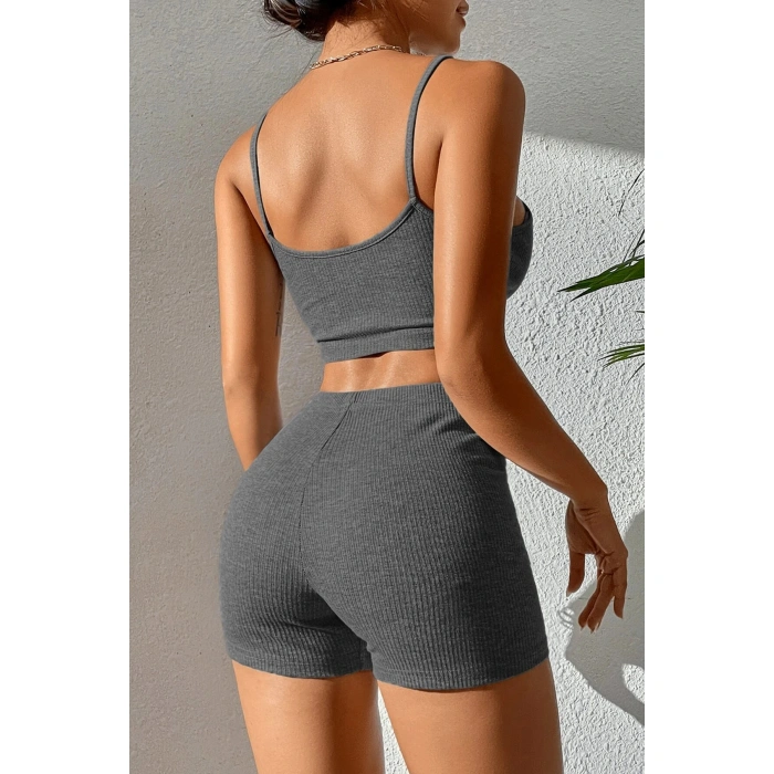 Kadın Antrasit Gri Şortlu Kaşkorse Gecelik Takım