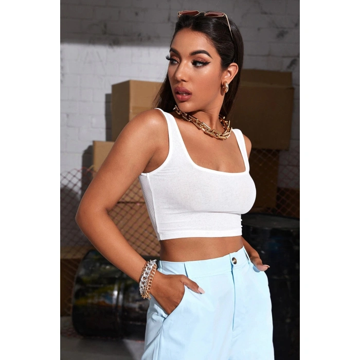 Kadın Beyaz Kalın Askılı Crop Top Büstiyer