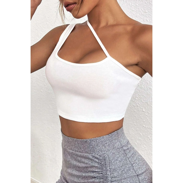 Kadın Beyaz Tek Omuzlu Çapraz Askılı Crop Top Büstiyer