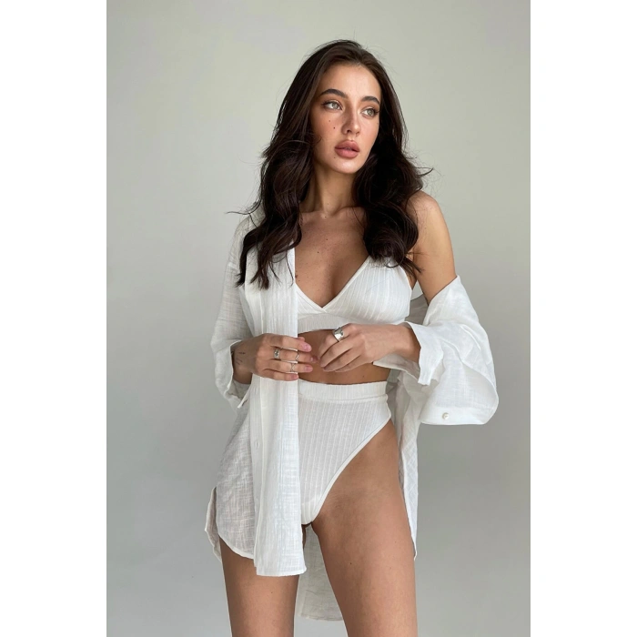 Kadın Beyaz Yüksek Bel Dolgusuz Slip Takım