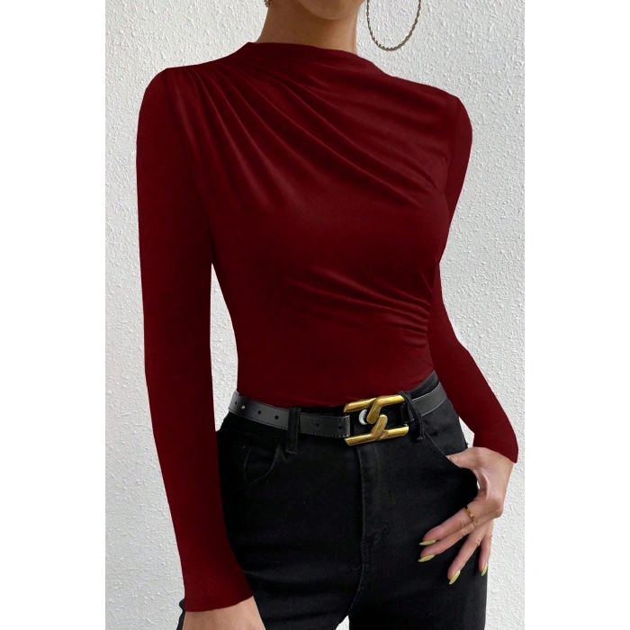 Kadın Bordo Belden Ve Boyundan Büzgü Detaylı Uzun Kollu Bluz