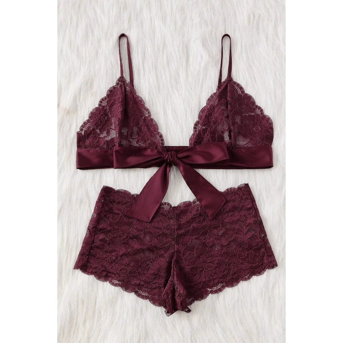 Kadın Bordo Dantelli & Kurdelalı Sütyen Külot Takımı