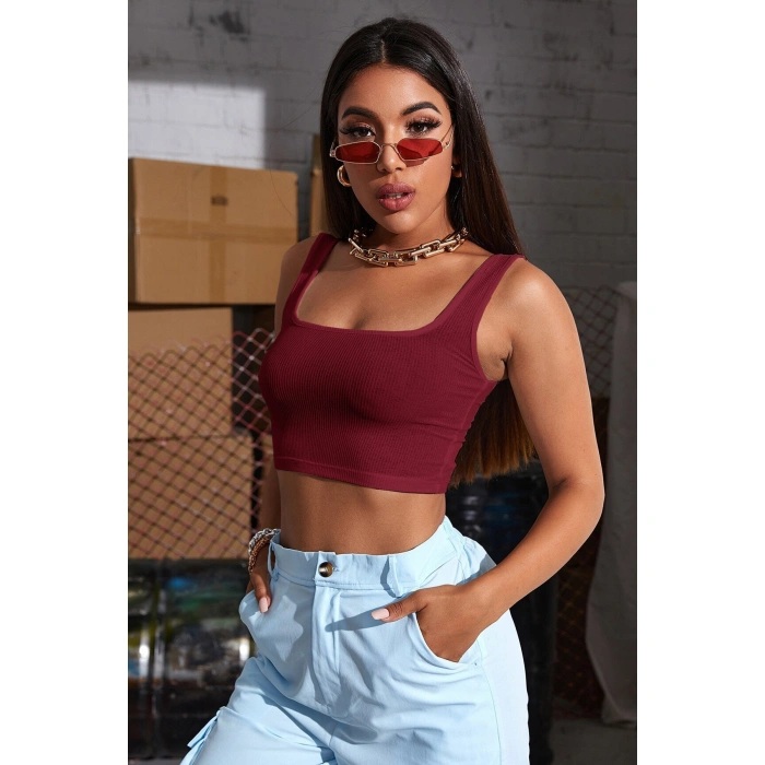 Kadın Bordo Kalın Askılı Crop Top Büstiyer