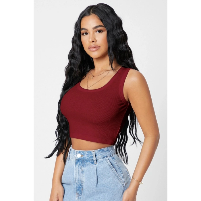 Kadın Bordo Kare Yaka Crop Top Bluz