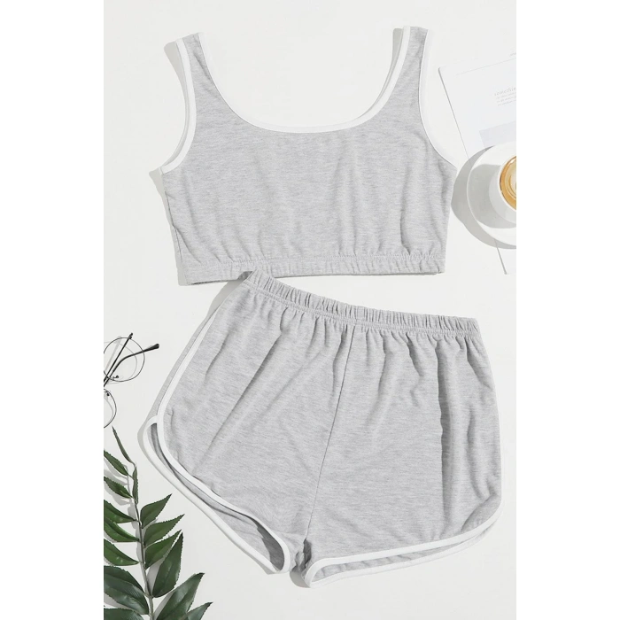 Kadın Gri Askılı Crop Top Ve Şortlu Gecelik Takım