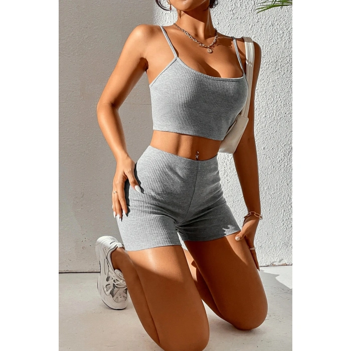 Kadın Gri Melanj Şortlu Kaşkorse Gecelik Takım