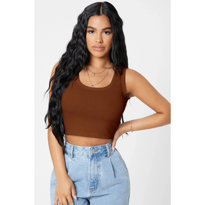 Kadın Kahverengi Kare Yaka Crop Top Bluz