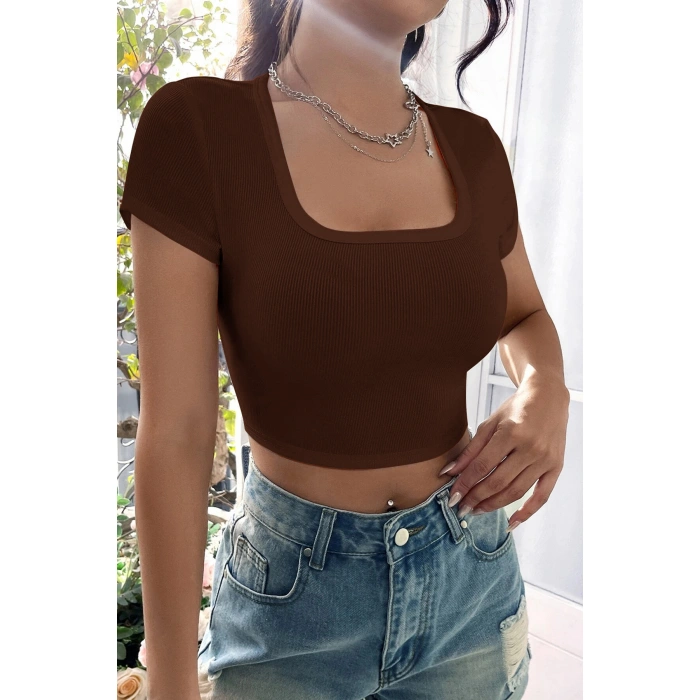 Kadın Kahverengi Yarım Kol Düz Yaka Crop Top Bluz