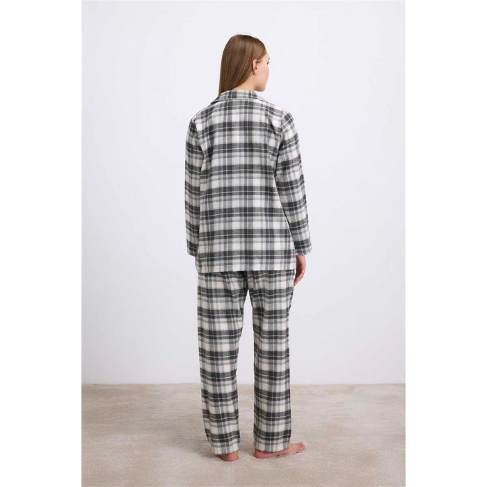 Kadın Kareli Flanel Görünümlü Uzun Kollu Gömlek Ve Pantolon Takımı