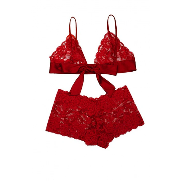 Kadın Kırmızı Dantelli & Kurdelalı Sütyen Külot Takımı