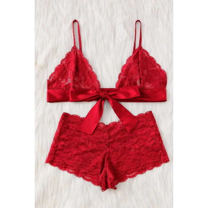 Kadın Kırmızı Dantelli & Kurdelalı Sütyen Külot Takımı
