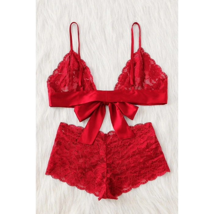 Kadın Kırmızı Dantelli & Kurdelalı Sütyen Külot Takımı