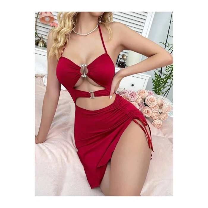 Kadın Kırmızı Fantezi Elbise Önden Büzgü Dekolteli 5082