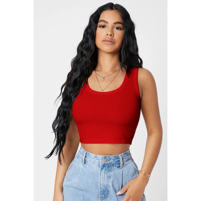Kadın Kırmızı Kare Yaka Crop Top Bluz