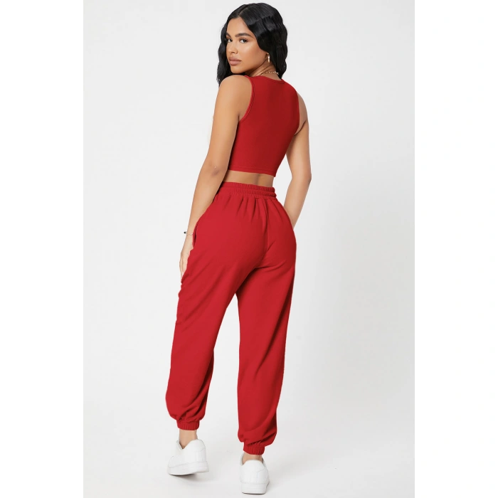 Kadın Kırmızı Kaşkorse Cepli Jogger Eşofman Altı Ve Crop Top Bluz