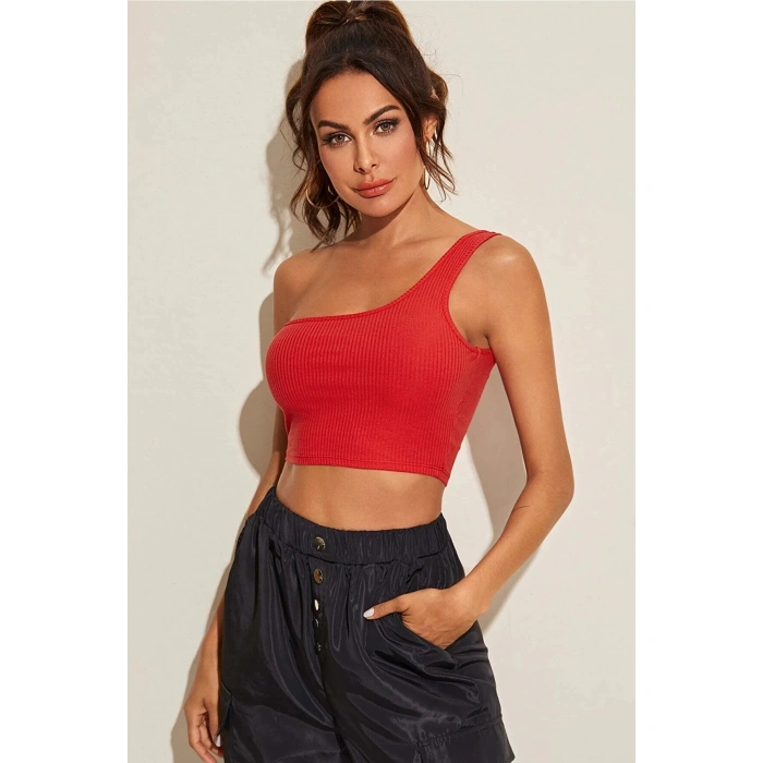 Kadın Kırmızı Tek Omuz Crop Büstiyer