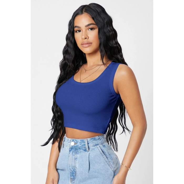 Kadın Lacivert Kare Yaka Crop Top Bluz