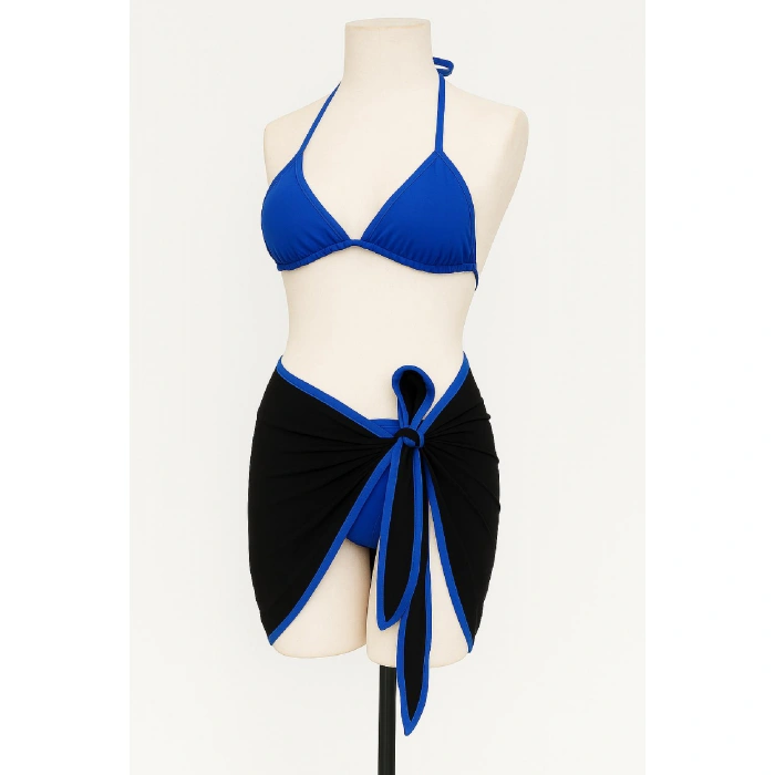 Kadın Mavi Pareolu Yandan Ve Boyundan Bağlamalı 3lü Bikini Takımı