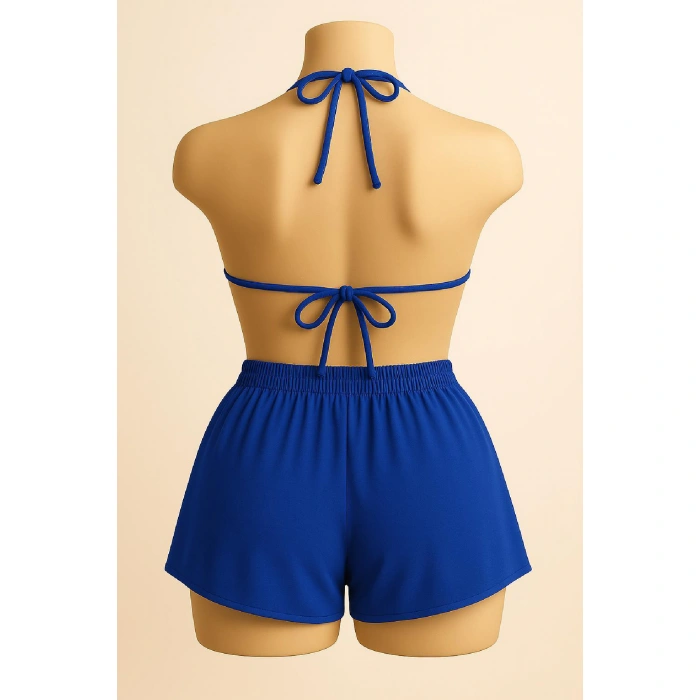 Kadın Mavi Şortlu Belden Ve Boyundan Bağlamalı Bikini Takımı