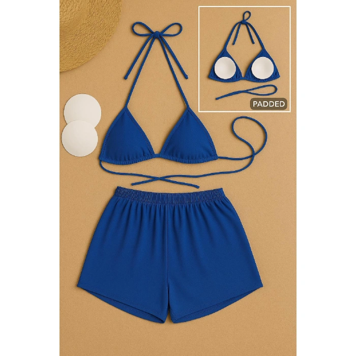 Kadın Mavi Şortlu Belden Ve Boyundan Bağlamalı Bikini Takımı