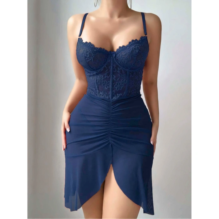 Kadın Mavi Transparan Dantel Detaylı Tül Fantezi Gecelik 2242