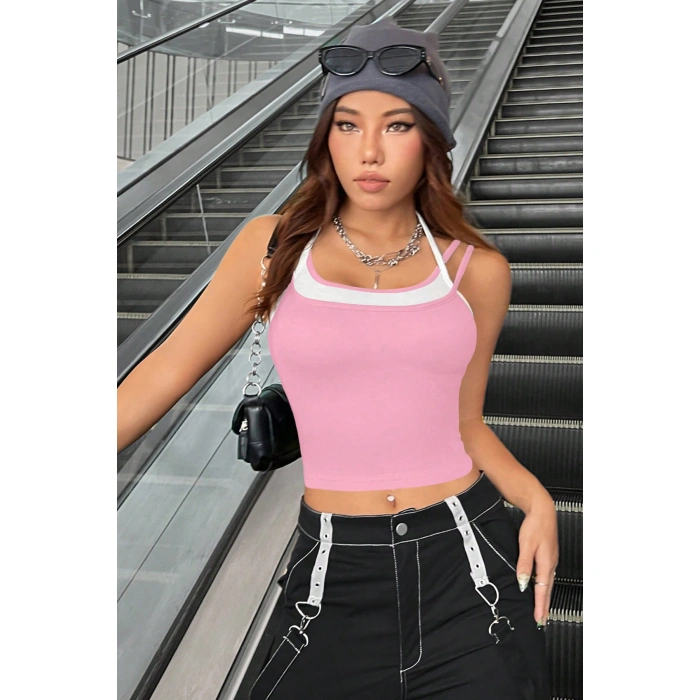 Kadın Pembe Beyaz Çift Renk Çapraz Askılı Crop Top Bluz