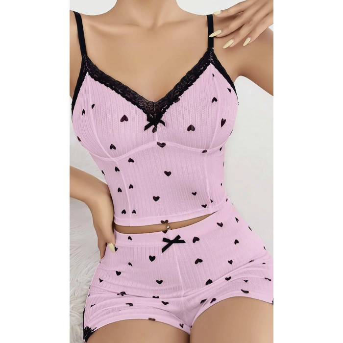 Kadın Pembe Kalp Desenli Askılı Şortlu Pijama Takım 6647
