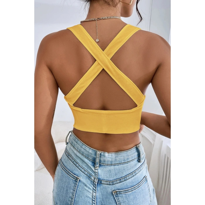 Kadın Sarı Çapraz Sırt Detaylı Şık Crop Top Büstiyer