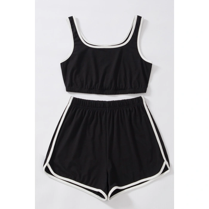 Kadın Siyah Askılı Crop Top Ve Şortlu Gecelik Takım