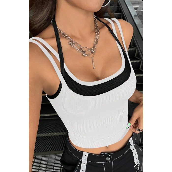 Kadın Siyah Beyaz Çift Renk Çapraz Askılı Crop Top Bluz