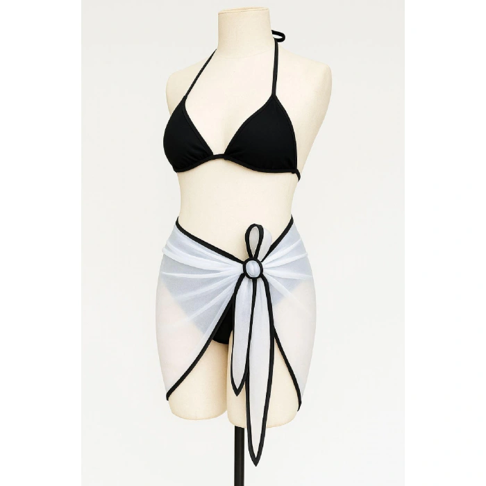 Kadın Siyah Beyaz Pareolu Yandan Ve Boyundan Bağlamalı 3lü Bikini Takımı