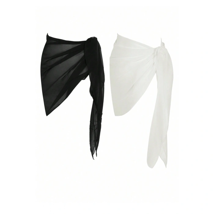 Kadın Siyah Beyaz Transparan Belden Bağlamalı Pareo 2li