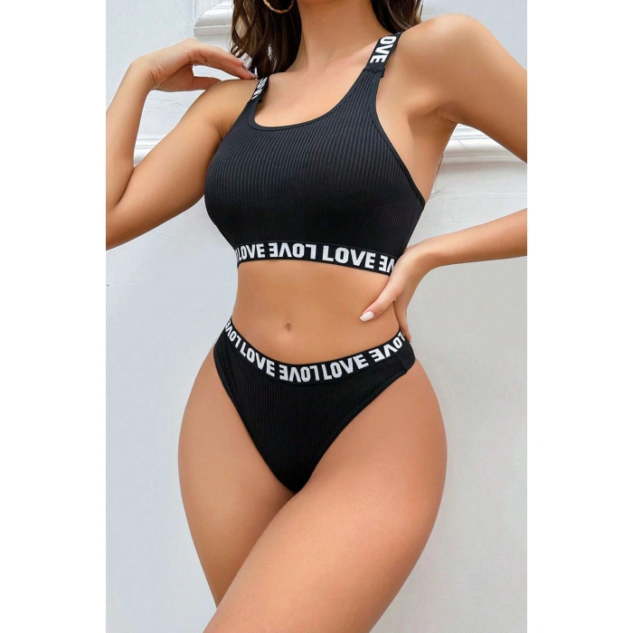 Kadın Siyah Çapraz Sırt Ve Love Lastik Detaylı Sütyen Külot Takım