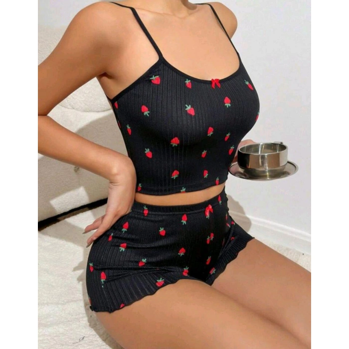 Kadın Siyah Çilek Desenli Seksi Gecelik Takım 6644