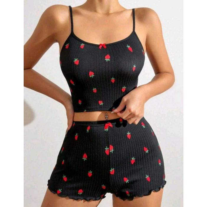 Kadın Siyah Çilek Desenli Seksi Gecelik Takım 6644