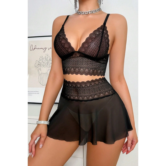 Kadın Siyah Dantel Ve Tül Detaylı Etekli Şık Gecelik Takımı