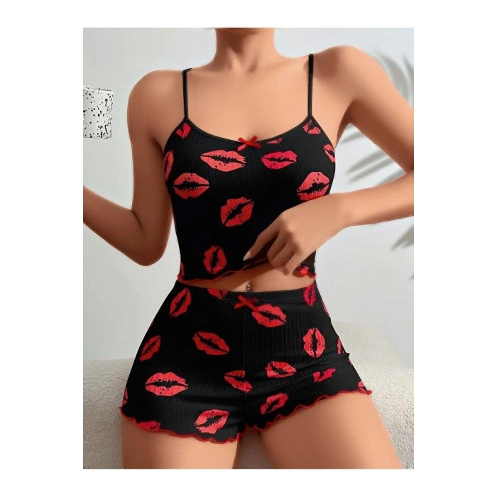 Kadın Siyah Dudak Desenli Şortlu Pijama Takımı 5057