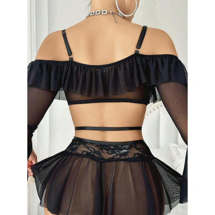 Kadın Siyah Etek Bustiyer Sexy Gecelik Takım 3831