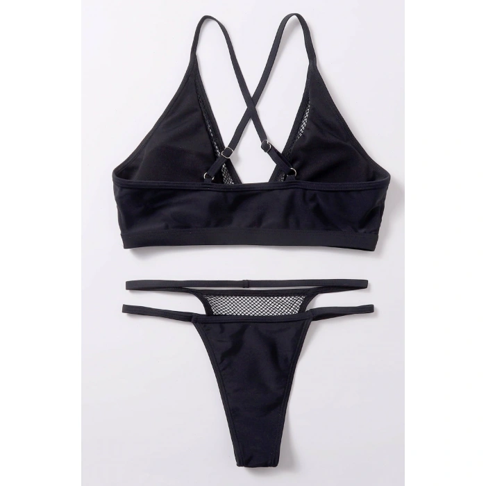 Kadın Siyah File Detaylı Özel Bikini Takımı