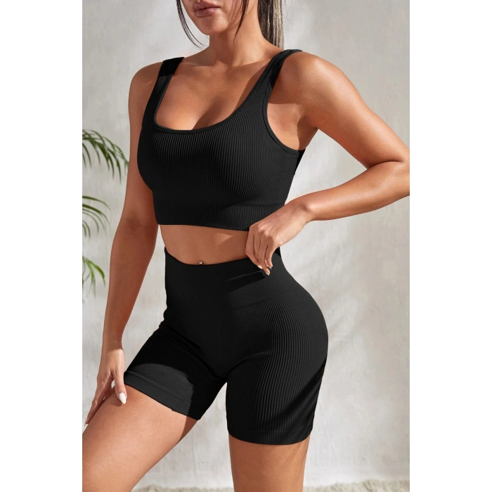 Kadın Siyah Kalın Askılı Yüksek Bel Şortlu Gecelik Takımı